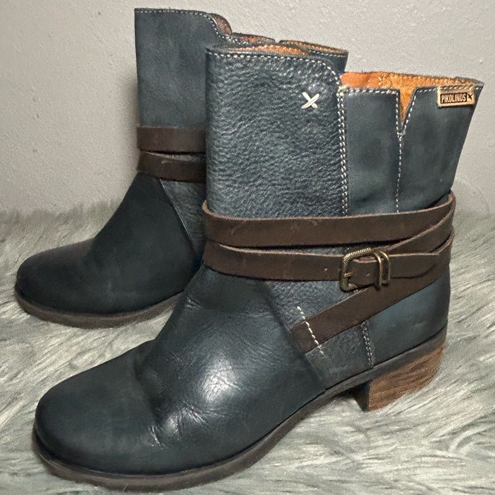 Pikolinos Leather Side Zip Strap Buckle Ankle Boho Boot LowHeel Size EU38 /